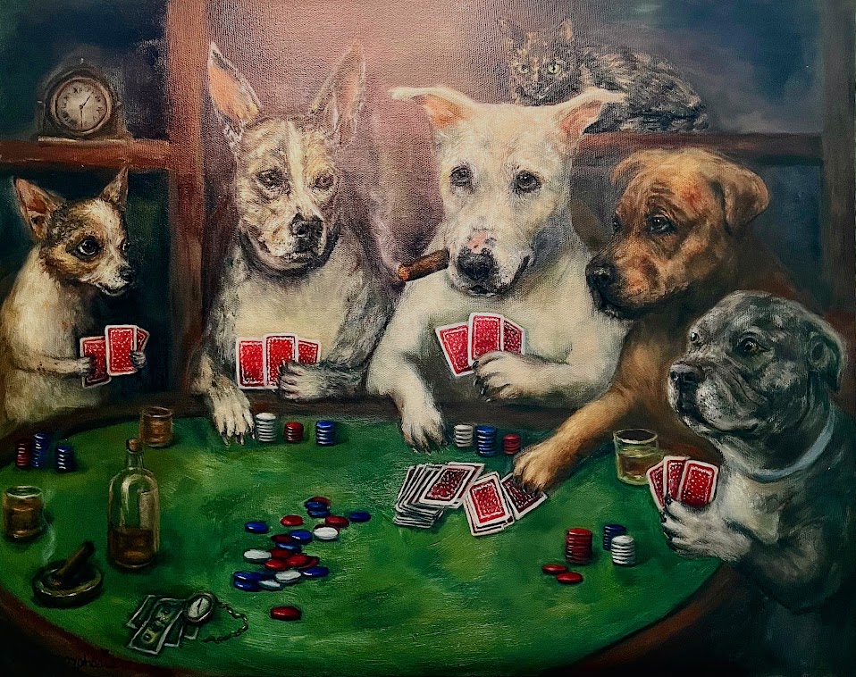 Custom painting of dogs at a poker table