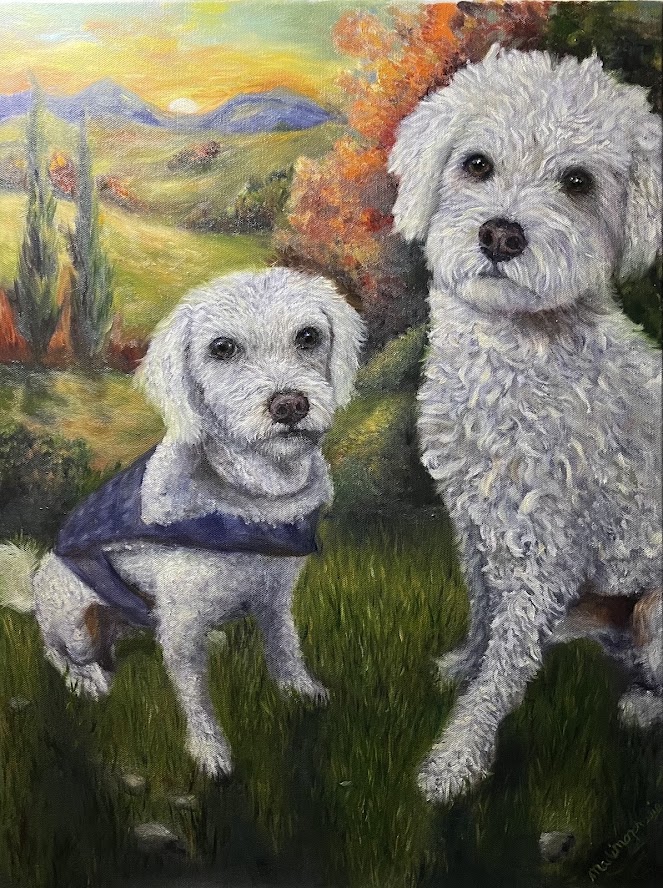 Custom painting of a large white dog and puppy
